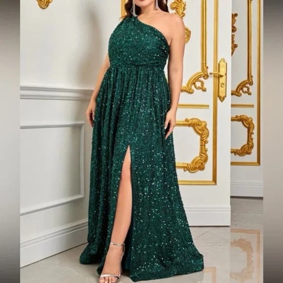 Plus Sequin One Shoulder A-line party Formal Party Wedding Dress - Picture 13 of 14